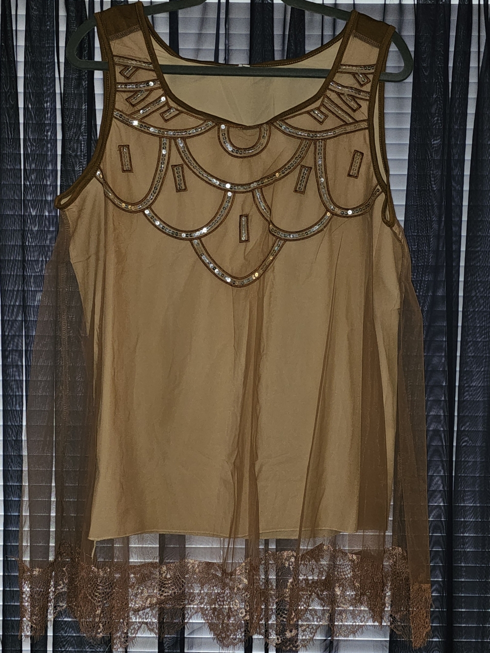 MISSLOOK Brown Beaded Mesh Tank Top
